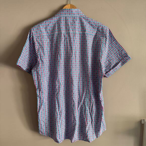 Robert Graham Plaid Short Sleeve Casual Button Down Shirt Pink and Blue Large - Picture 7 of 7